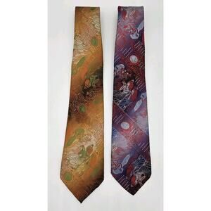 2 Vintage Neck Ties Egyptian Hieroglyphic 1970s Blue/Red & Copper/Green